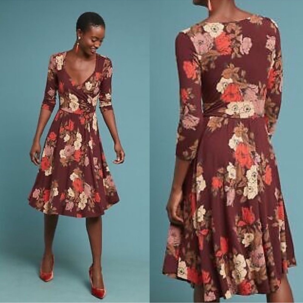 Maeve by Anthropologie Tamera Wrap Dress Floral Burgundy/Brown Size M Retro Glam